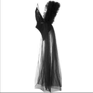 Black asymmetrical sequin and tulle bodysuit